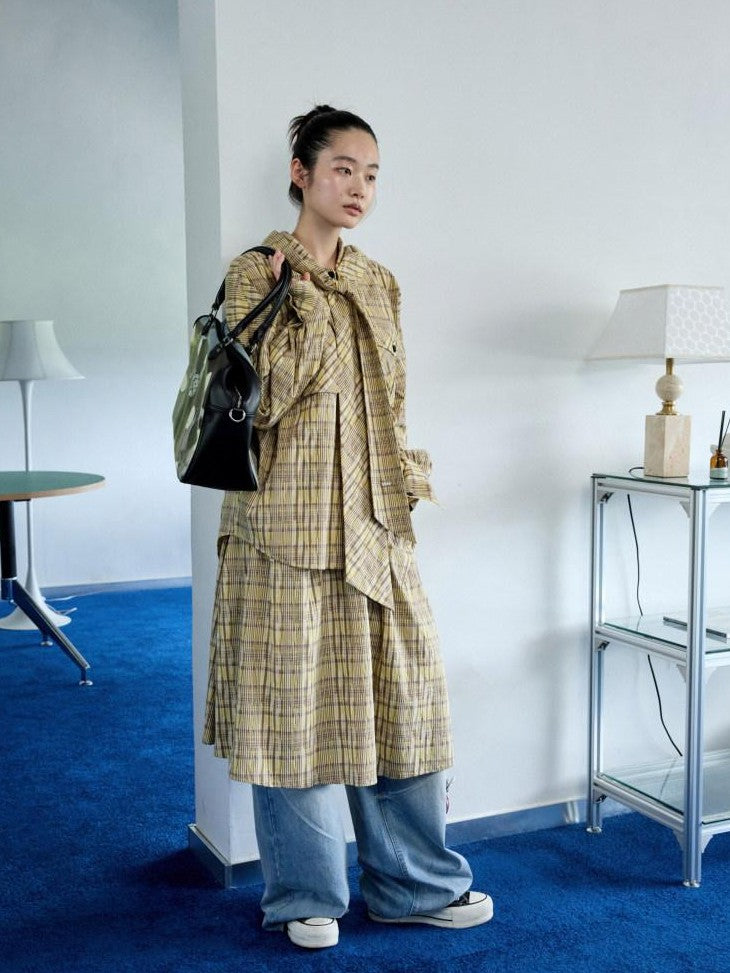 Vintage Plaid Hooded Tie Shirt Drawstring Skirt Women's Matching Skirt Sets