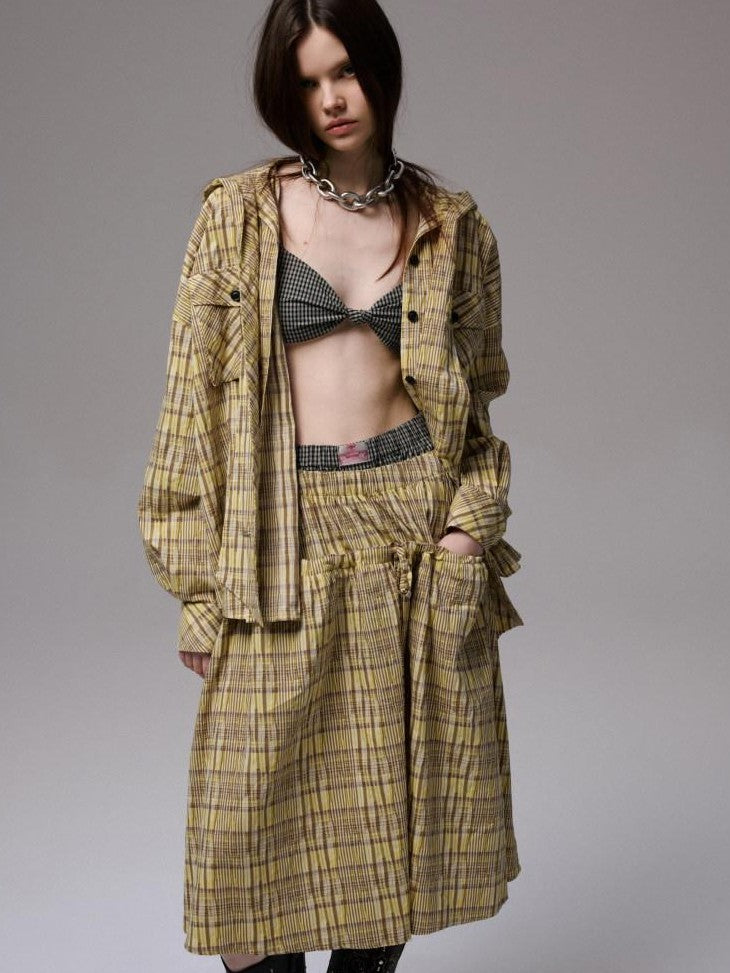 Vintage Plaid Hooded Tie Shirt Drawstring Skirt Women's Matching Skirt Sets