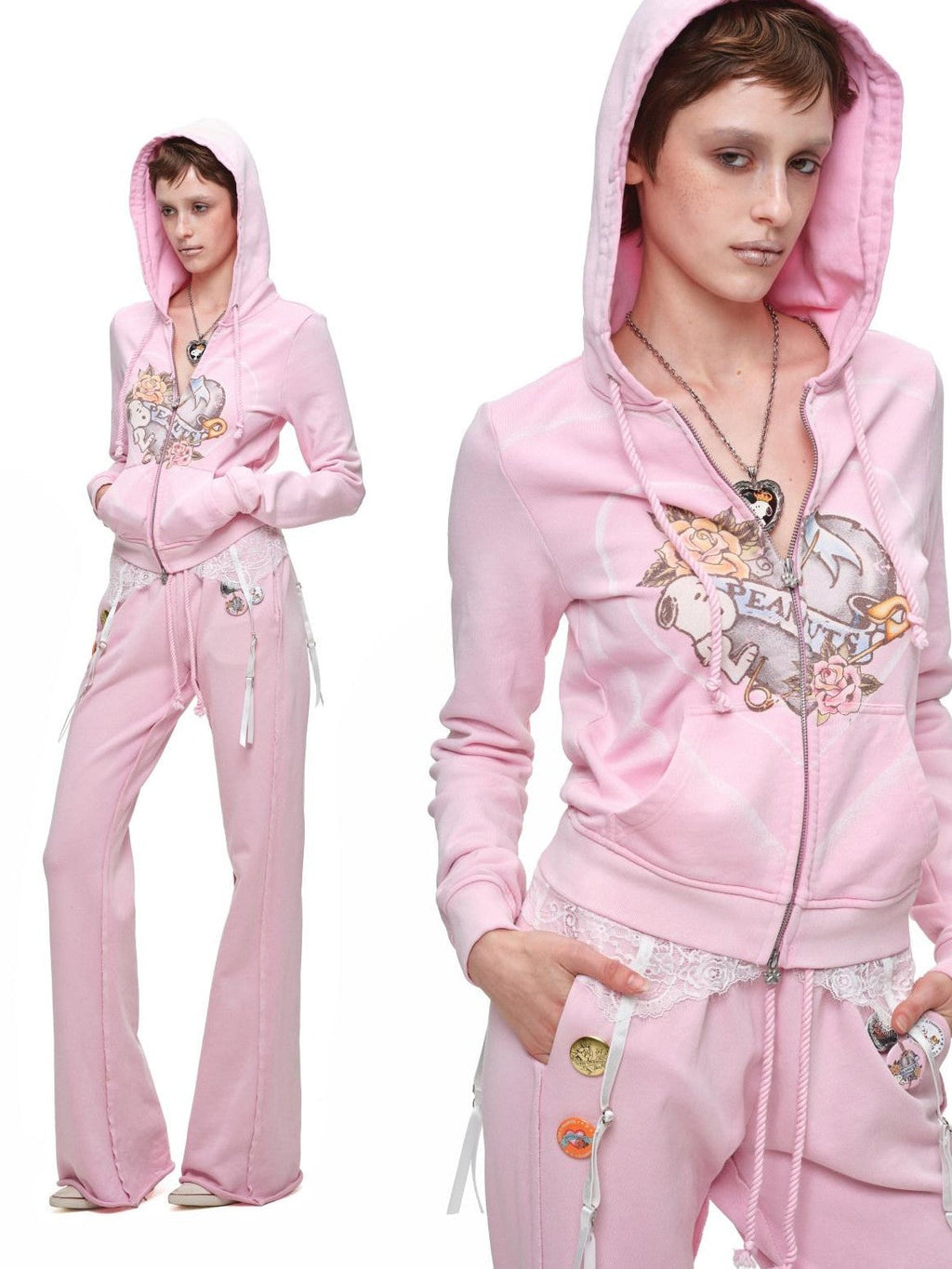 Vintage Retro Washed Allover Graphic Print Women's Zip-up Hoodies