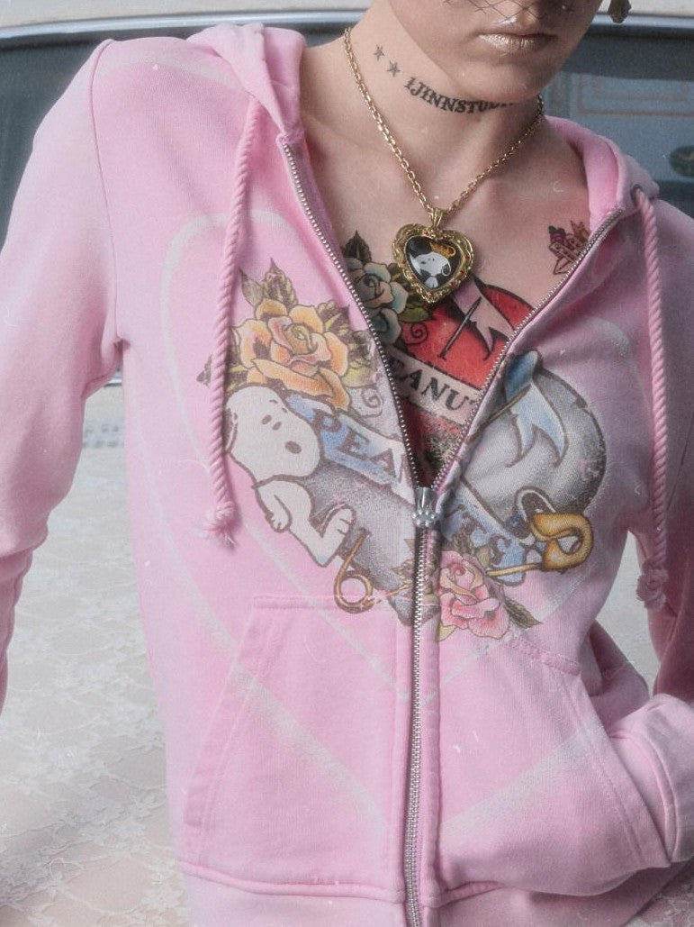 Vintage Retro Washed Allover Graphic Print Women's Zip-up Hoodies
