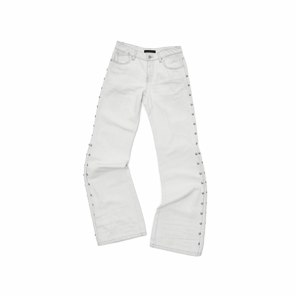 Vintage Solid 3d Whisker Studded Low Waist Side Slit Women's Denim Flare Jeans