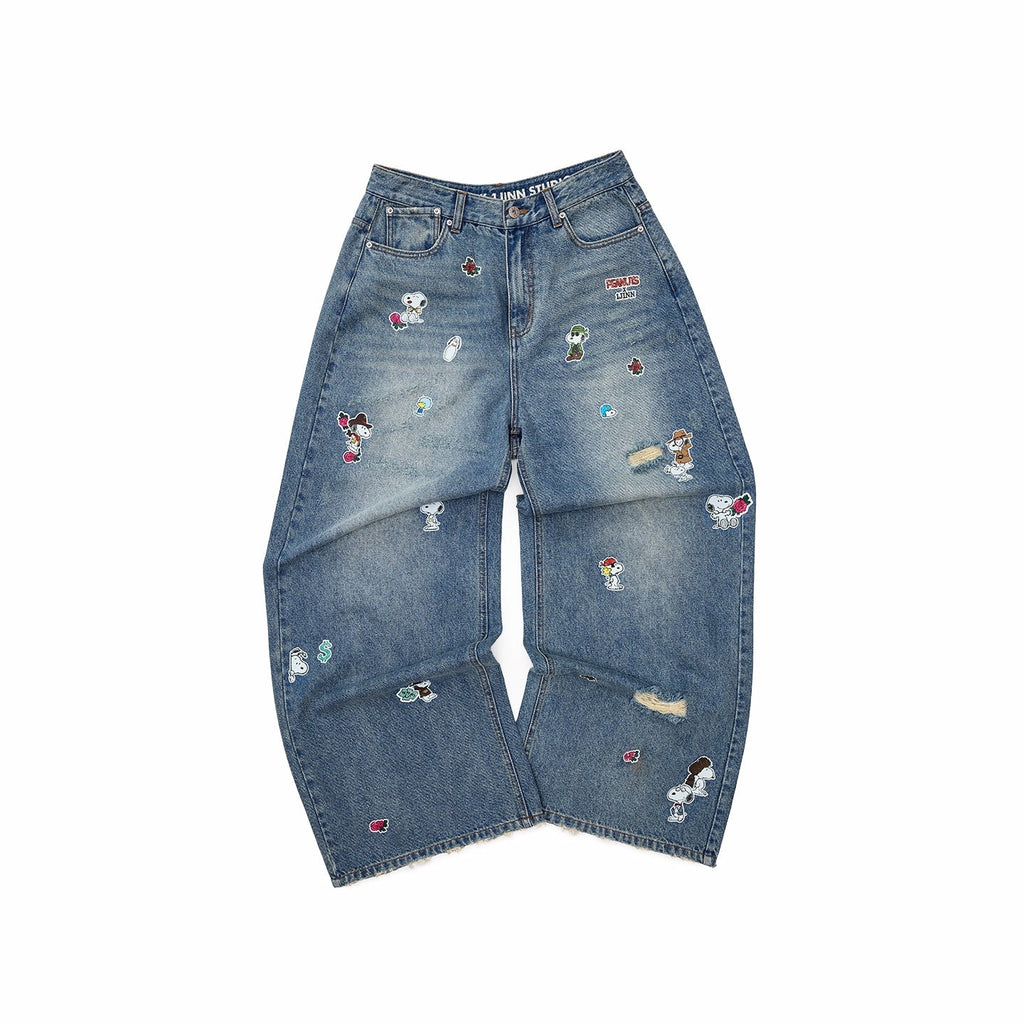 Vintage Sticker Print Distressed Loose Women's Cotton Straight-leg Jeans