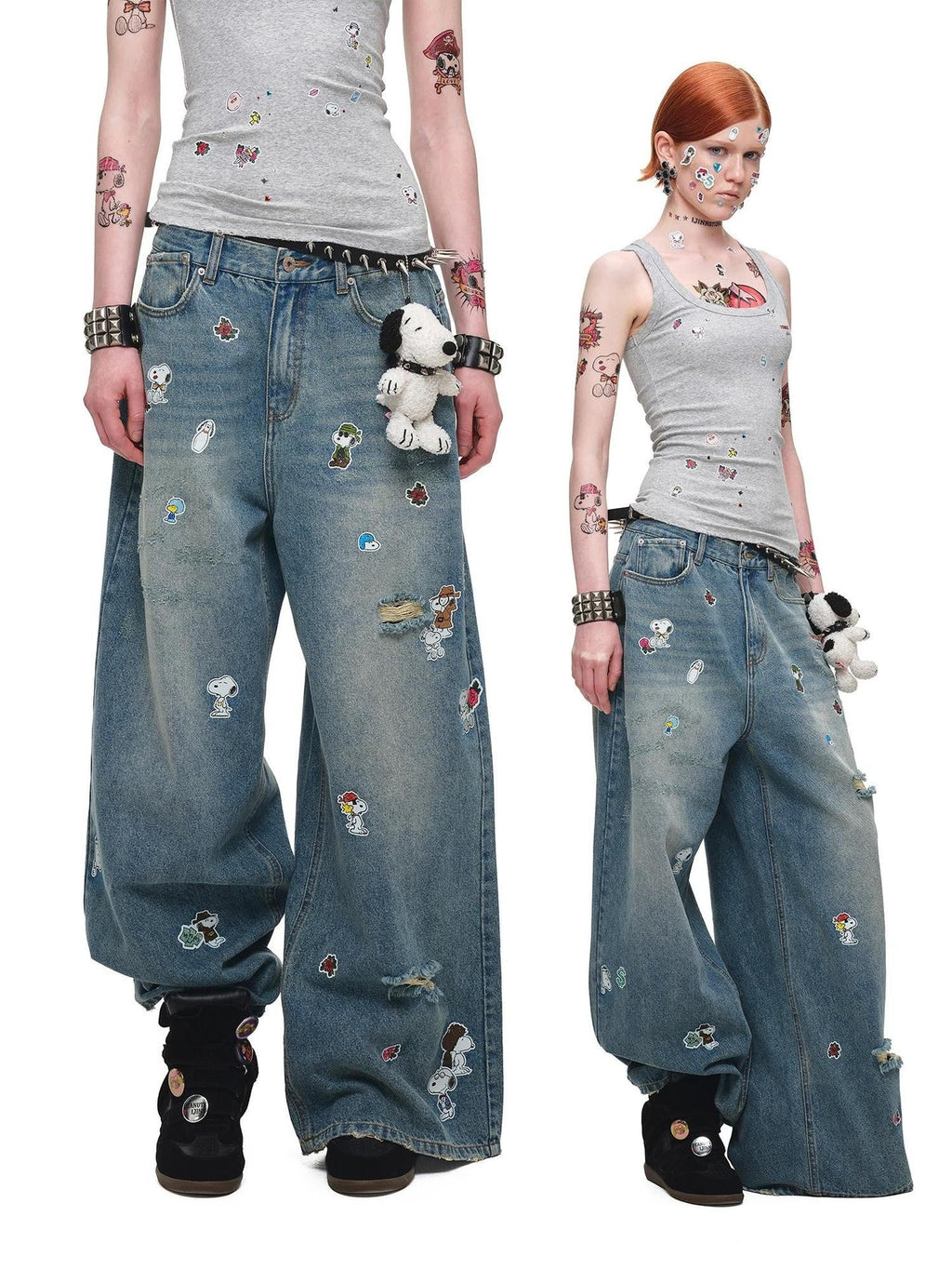 Vintage Sticker Print Distressed Loose Women's Cotton Straight-leg Jeans