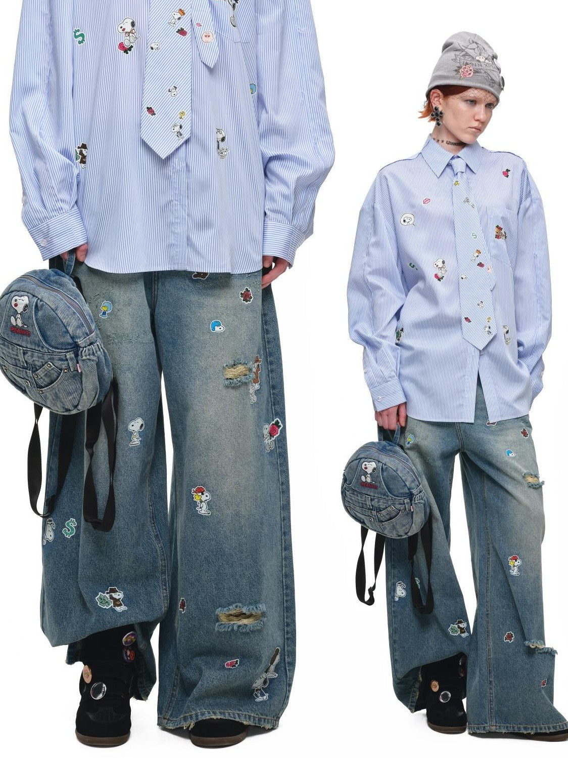 Vintage Sticker Print Distressed Loose Women's Cotton Straight-leg Jeans