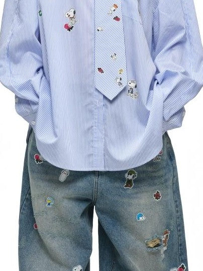 Vintage Sticker Print Distressed Loose Women's Cotton Straight-leg Jeans