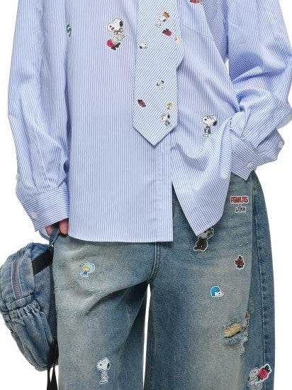 Vintage Sticker Print Distressed Loose Women's Cotton Straight-leg Jeans