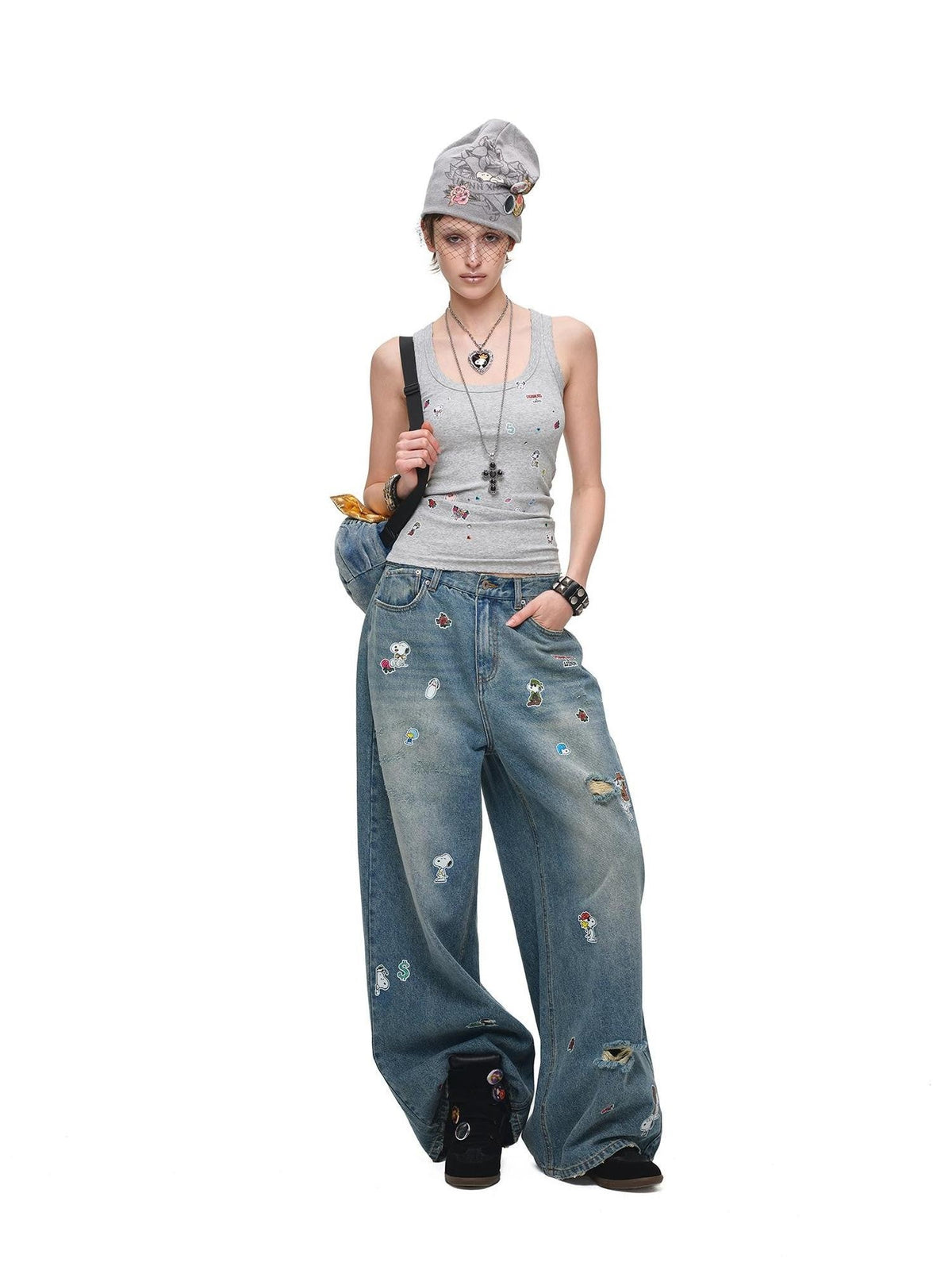 Vintage Sticker Print Distressed Loose Women's Cotton Straight-leg Jeans