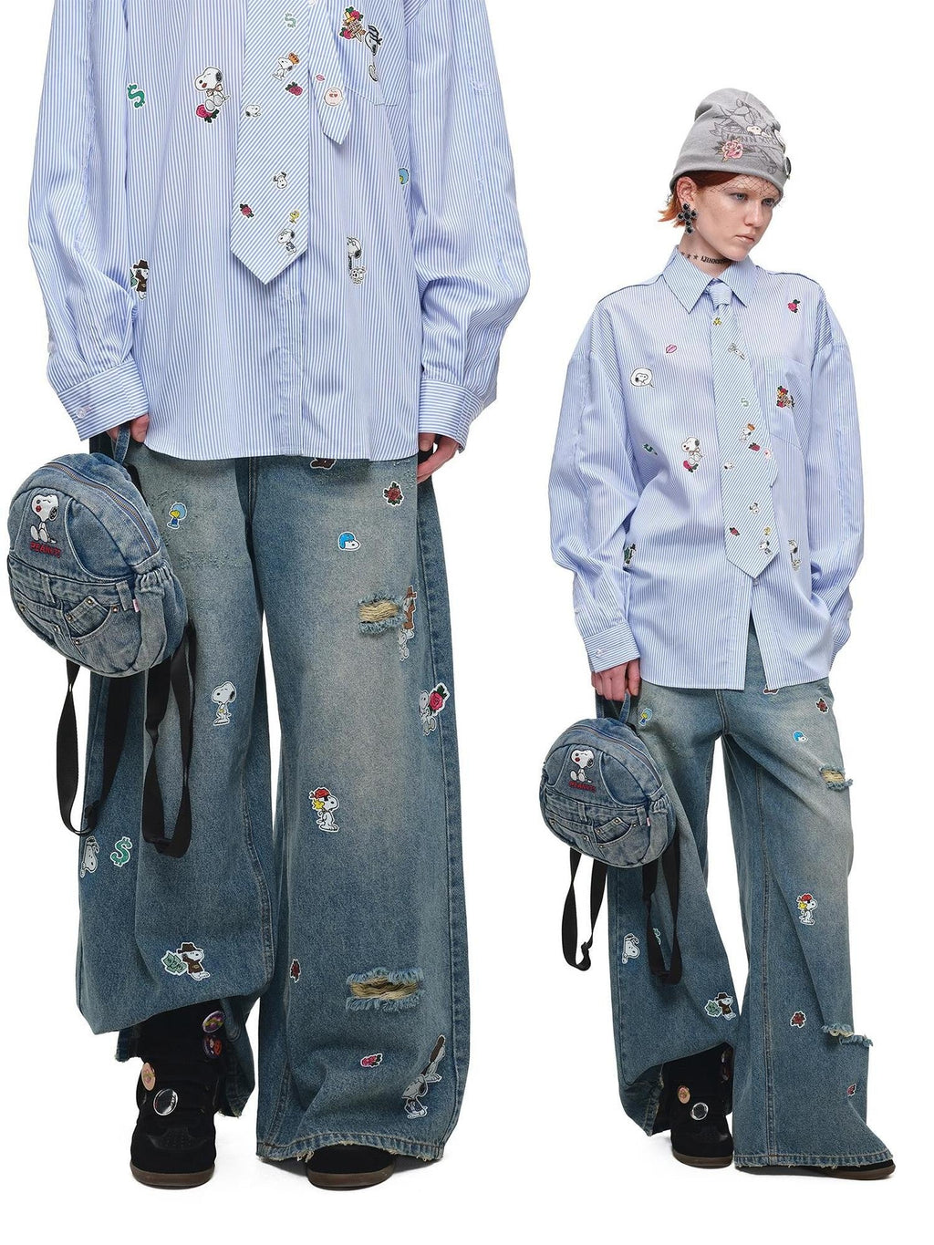 Vintage Sticker Print Distressed Loose Women's Cotton Straight-leg Jeans