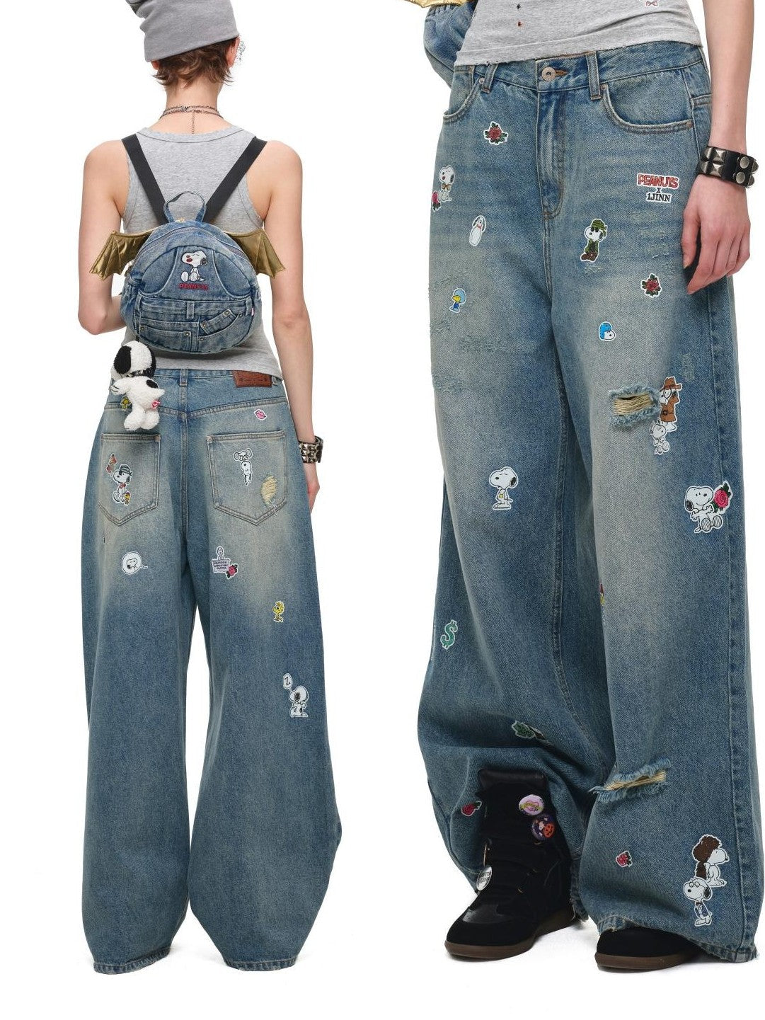 Vintage Sticker Print Distressed Loose Women's Cotton Straight-leg Jeans