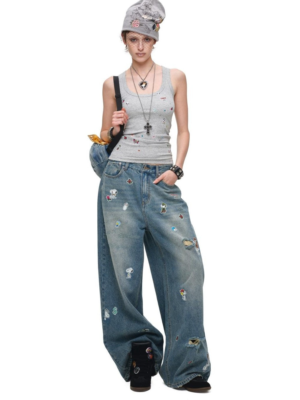 Vintage Sticker Print Distressed Loose Women's Cotton Straight-leg Jeans
