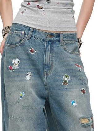 Vintage Sticker Print Distressed Loose Women's Cotton Straight-leg Jeans