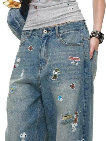 Vintage Sticker Print Distressed Loose Women's Cotton Straight-leg Jeans