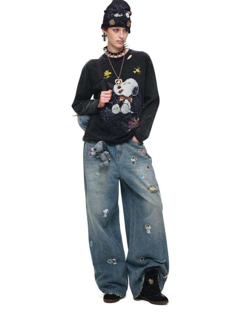 Vintage Sticker Print Distressed Loose Women's Cotton Straight-leg Jeans