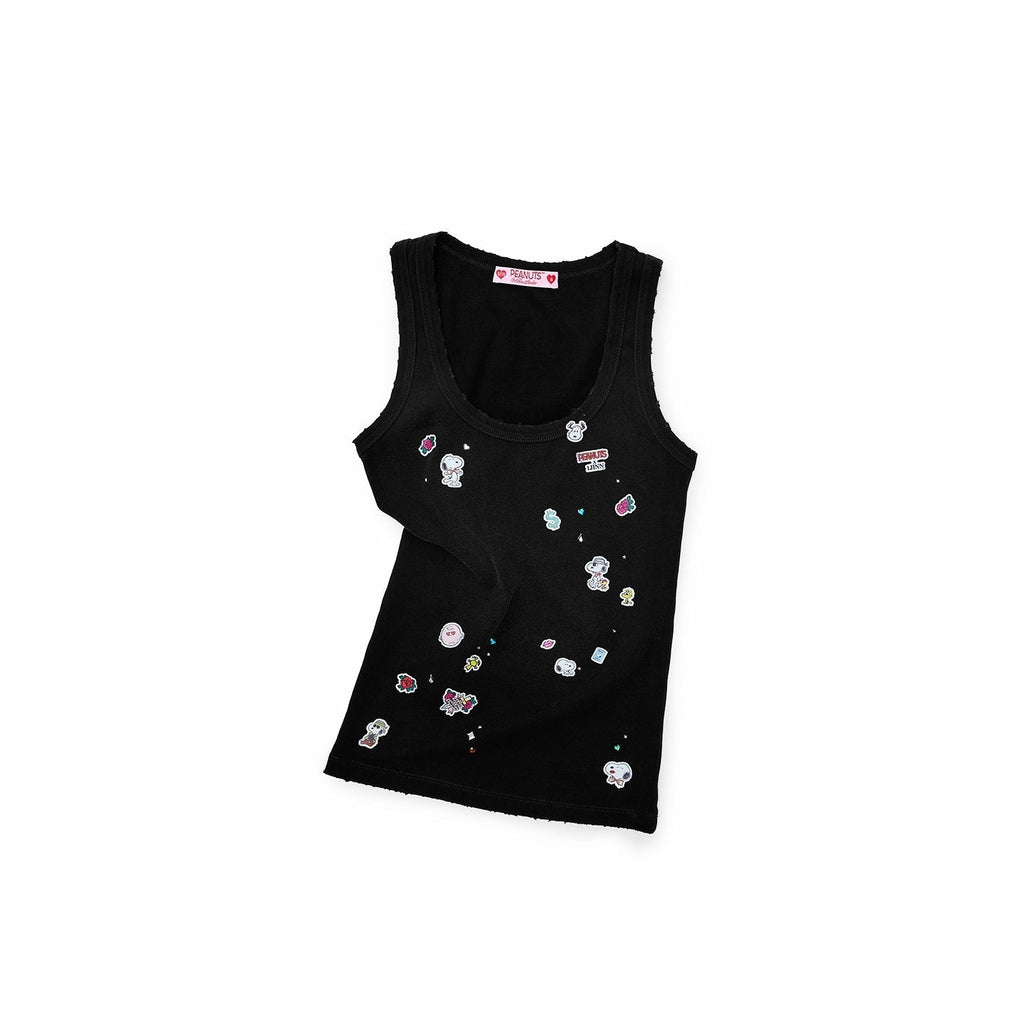 Vintage Sticker Print Washed U Neck Wide Strap Women's Cotton Tank Tops