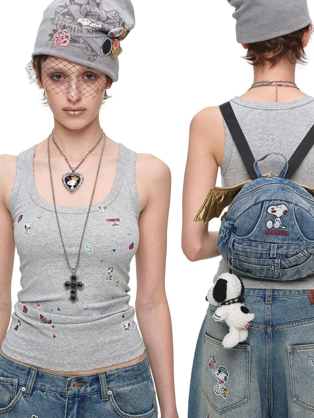 Vintage Sticker Print Washed U Neck Wide Strap Women's Cotton Tank Tops