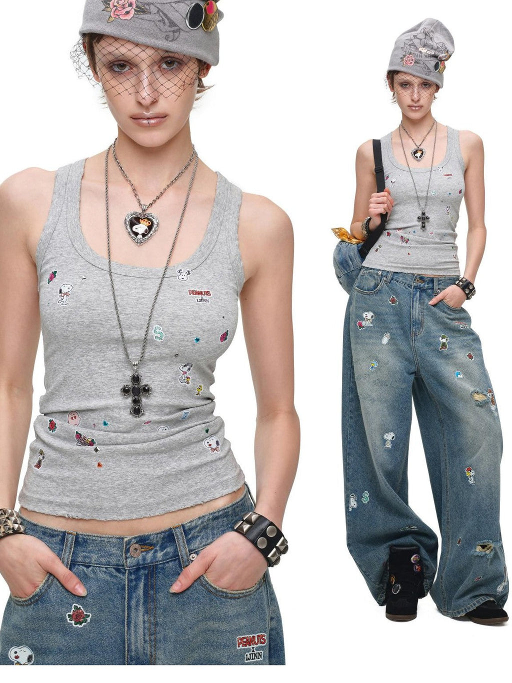 Vintage Sticker Print Washed U Neck Wide Strap Women's Cotton Tank Tops