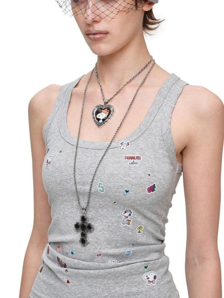 Vintage Sticker Print Washed U Neck Wide Strap Women's Cotton Tank Tops