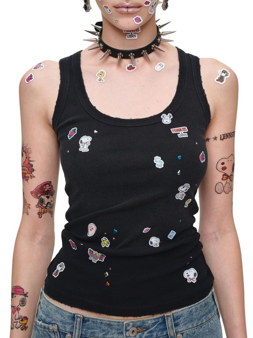 Vintage Sticker Print Washed U Neck Wide Strap Women's Cotton Tank Tops