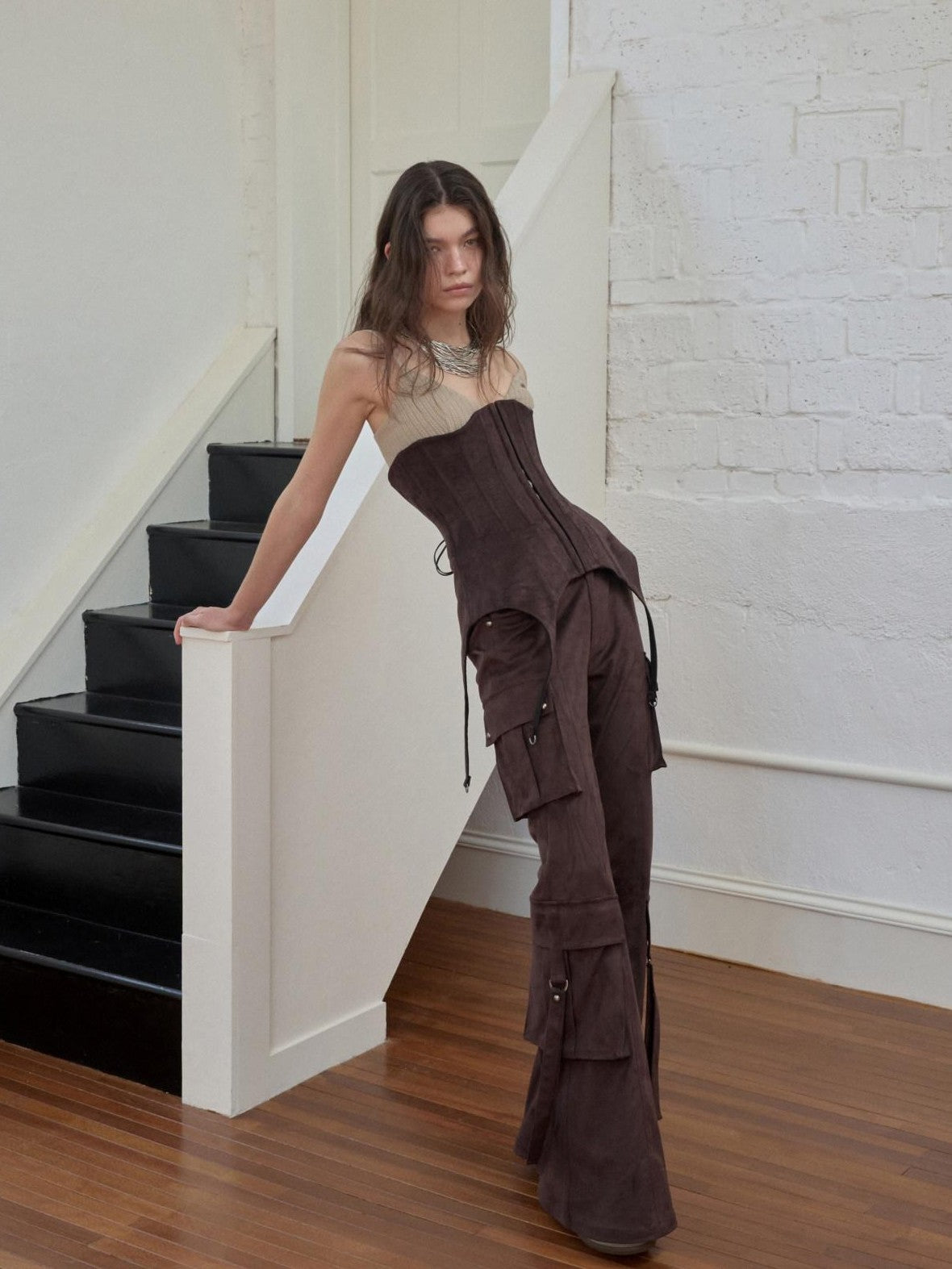 Vintage Studded Multi Pocket Cargo Tie Slim Women's Suede Micro Flare Pants