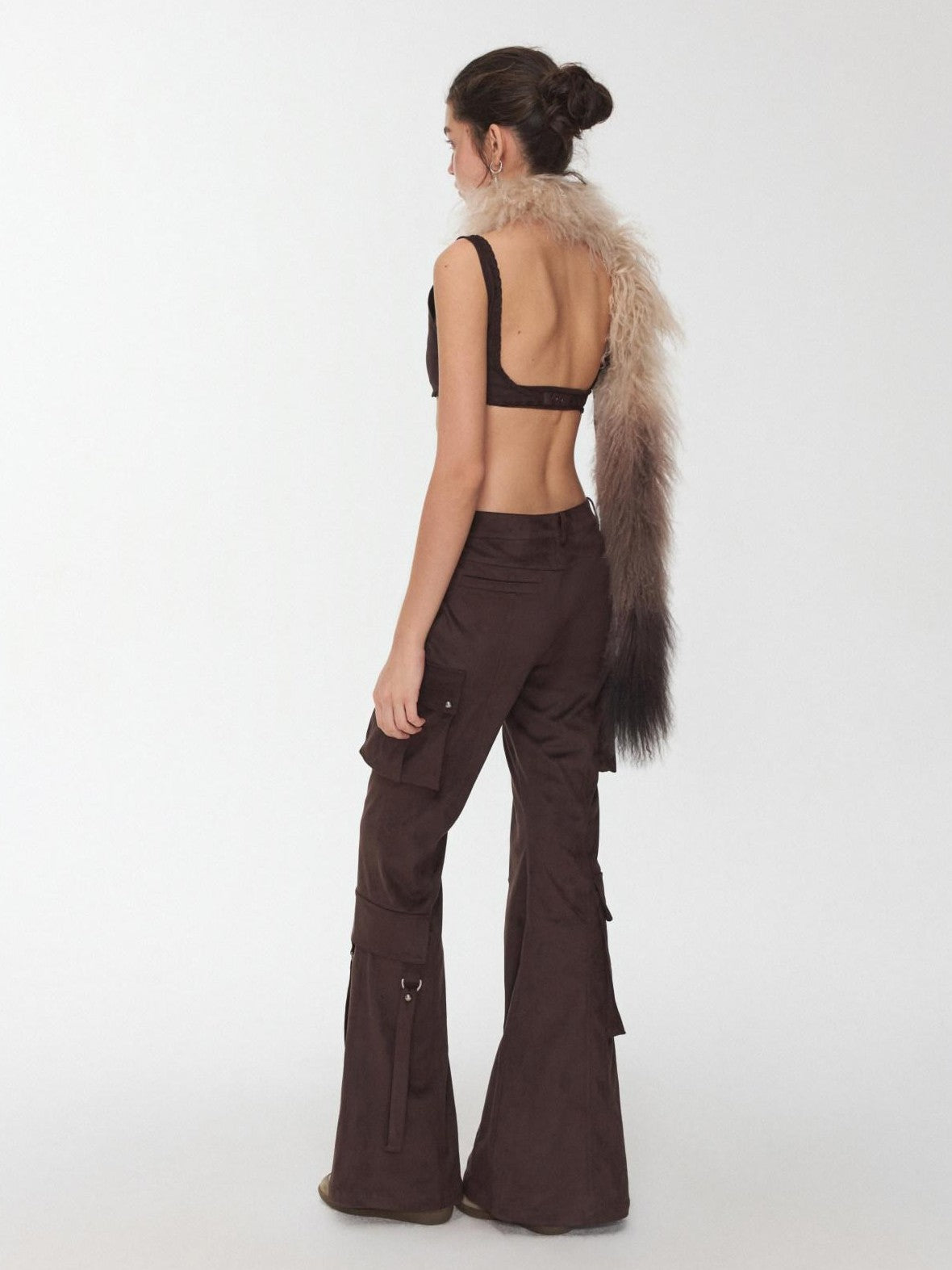 Vintage Studded Multi Pocket Cargo Tie Slim Women's Suede Micro Flare Pants