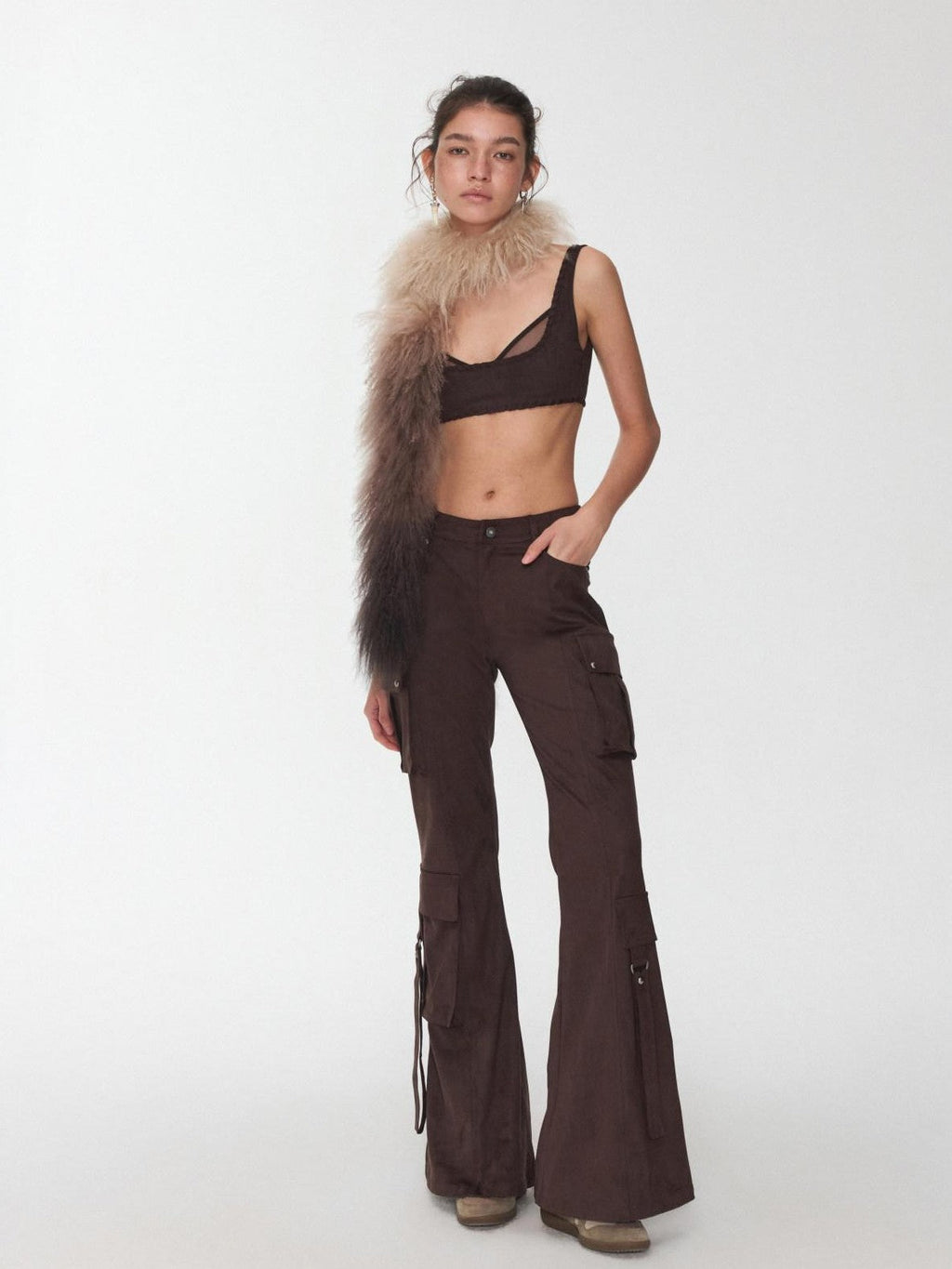Vintage Studded Multi Pocket Cargo Tie Slim Women's Suede Micro Flare Pants