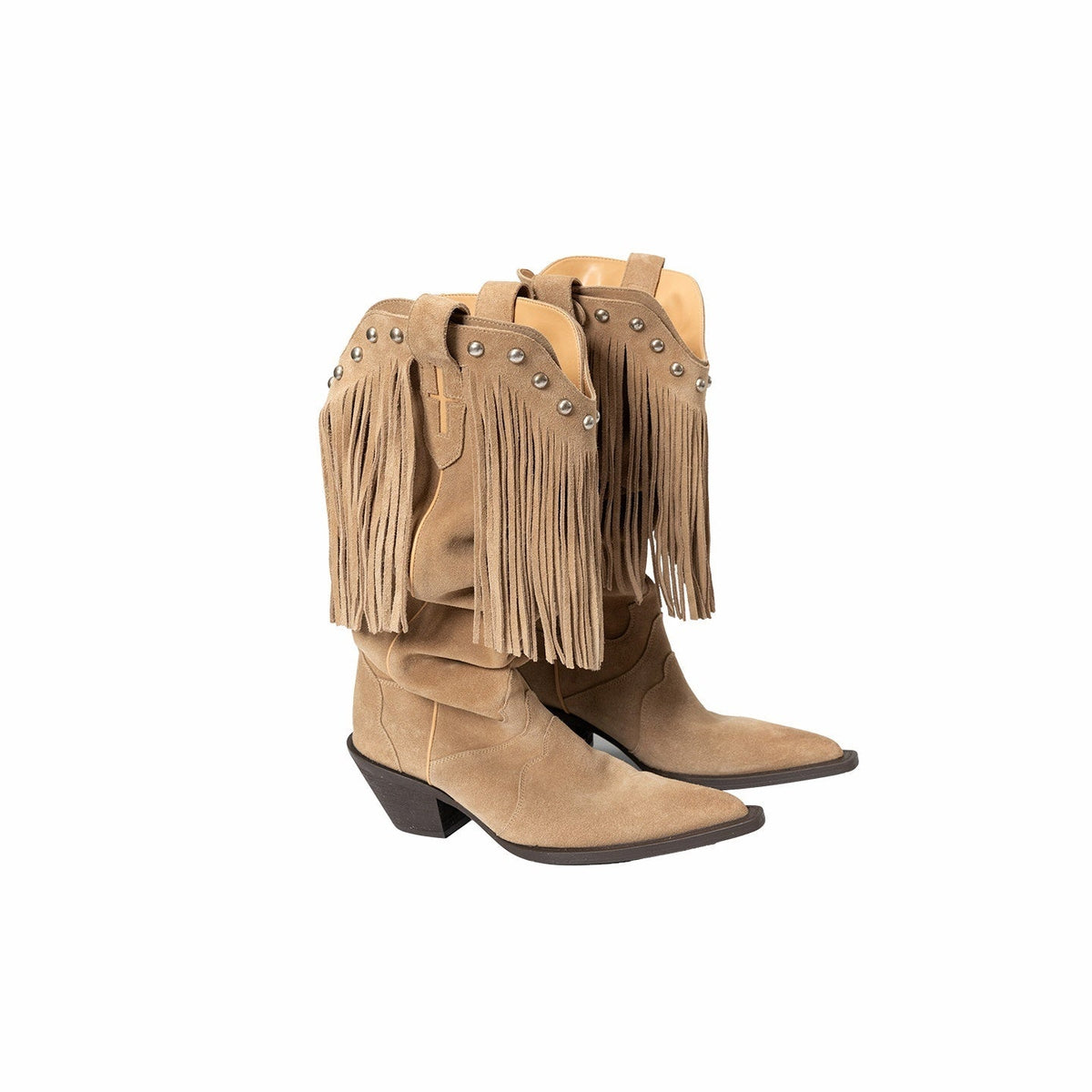 Vintage V Cut Pointed Studded Tassel Women's Suede Cowhide Mid-calf Boots