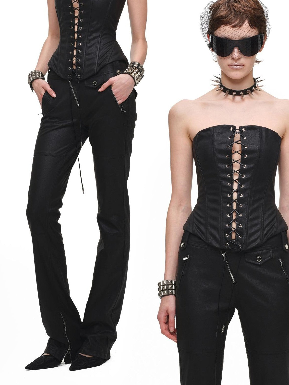 Vintage Washed Distressed Micro Flare Slim Women's Faux Leather Pants