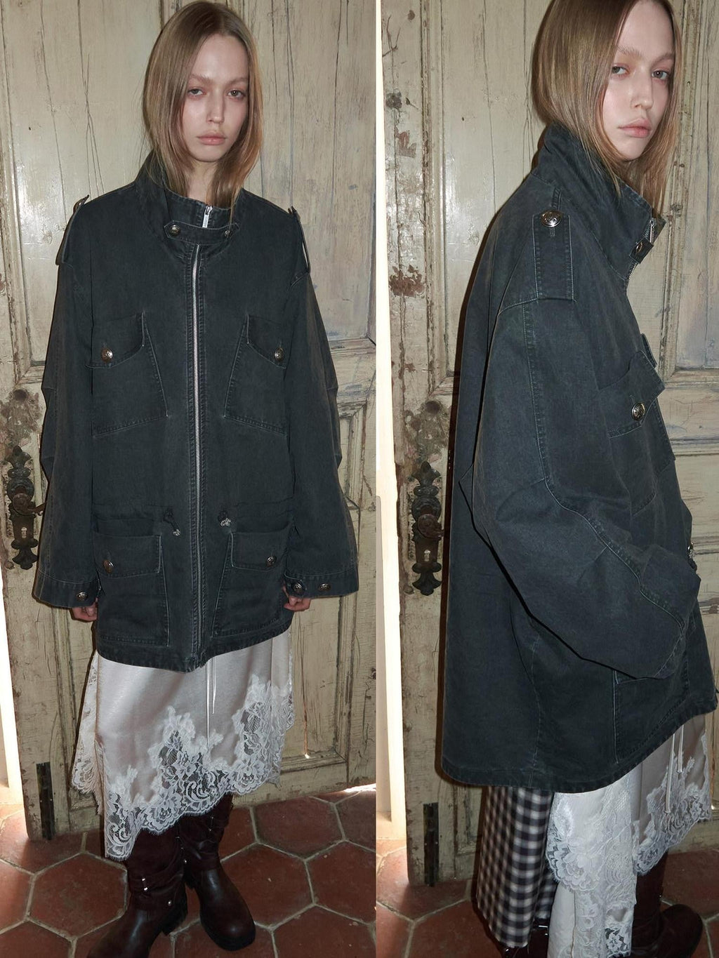Vintage Washed Distressed Mid Drawstring Pockets Loose Women's Utility Jackets