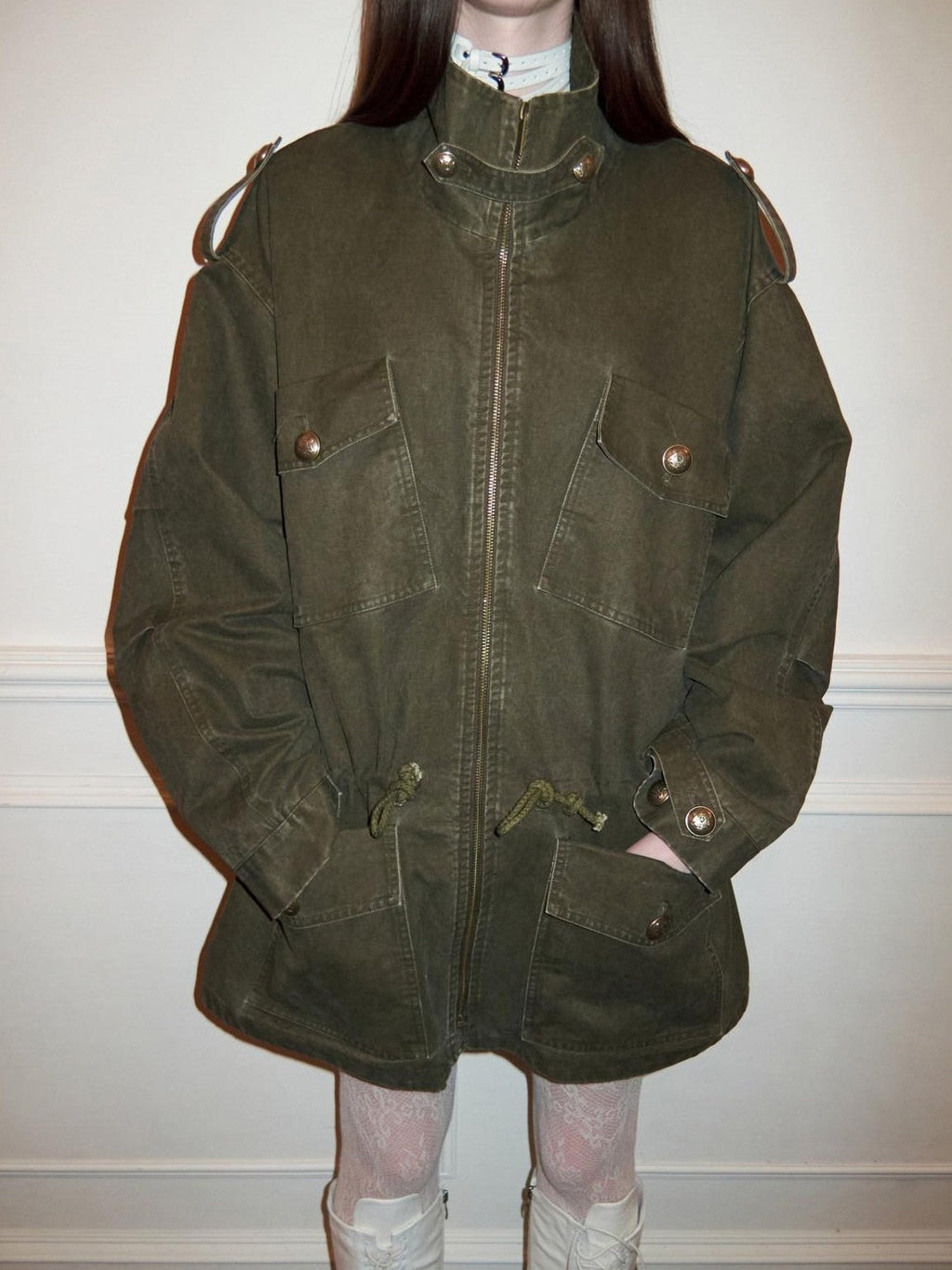 Vintage Washed Distressed Mid Drawstring Pockets Loose Women's Utility Jackets