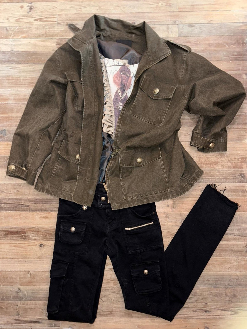 Vintage Washed Distressed Mid Drawstring Pockets Loose Women's Utility Jackets