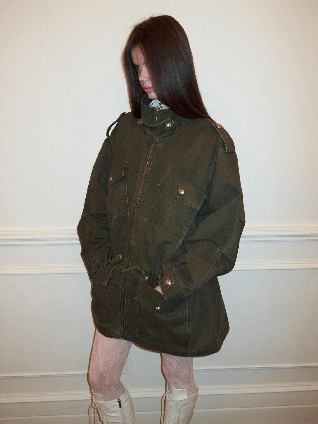 Vintage Washed Distressed Mid Drawstring Pockets Loose Women's Utility Jackets