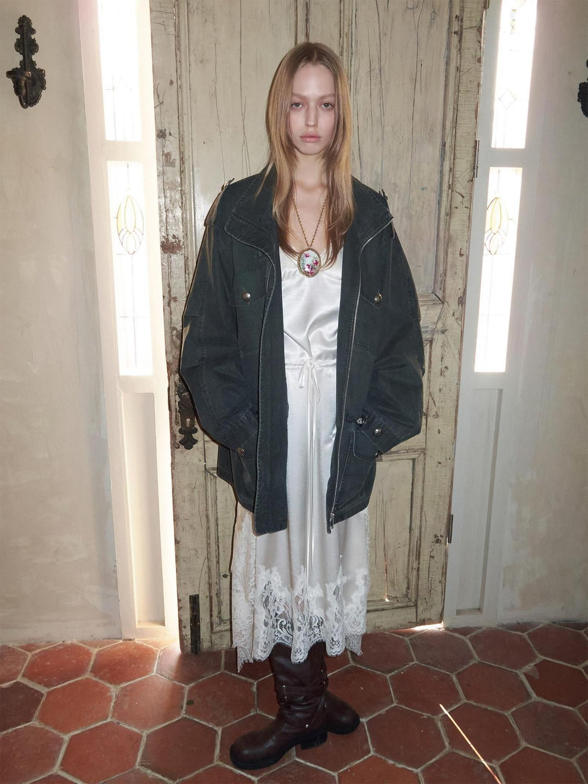 Vintage Washed Distressed Mid Drawstring Pockets Loose Women's Utility Jackets