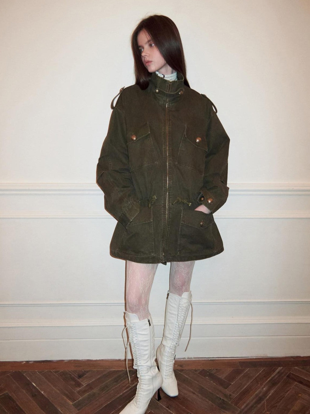 Vintage Washed Distressed Mid Drawstring Pockets Loose Women's Utility Jackets