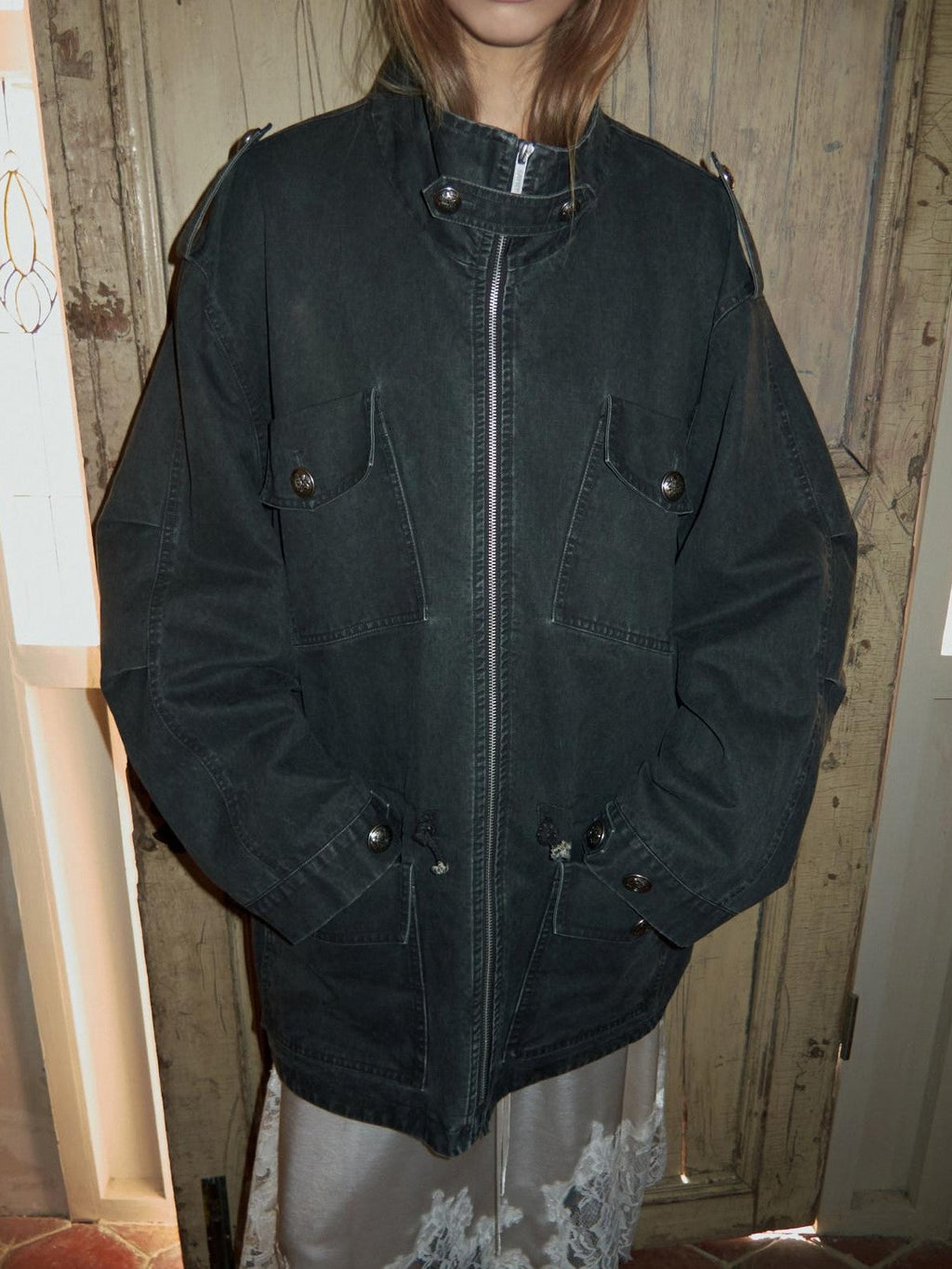 Vintage Washed Distressed Mid Drawstring Pockets Loose Women's Utility Jackets