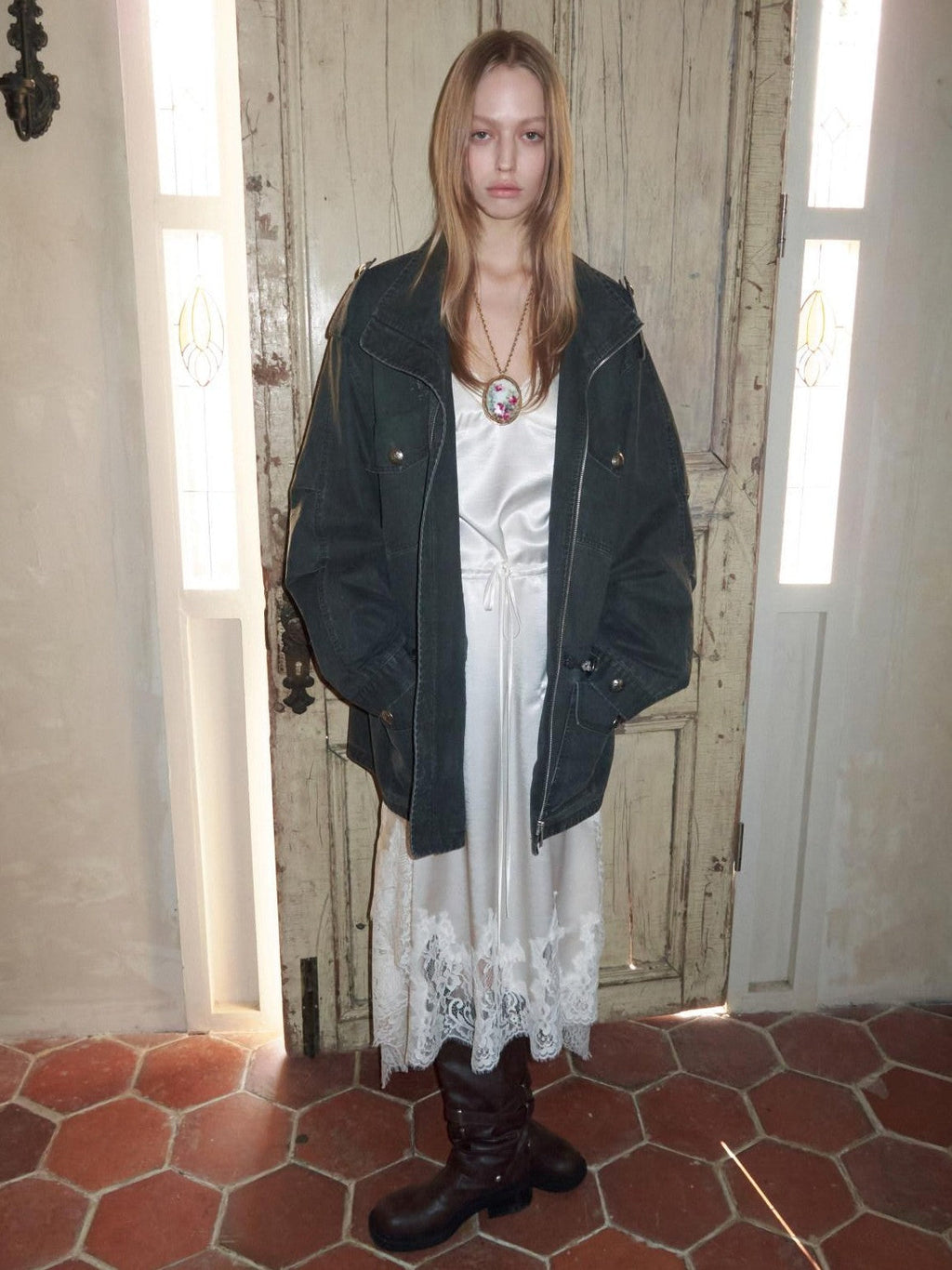 Vintage Washed Distressed Mid Drawstring Pockets Loose Women's Utility Jackets