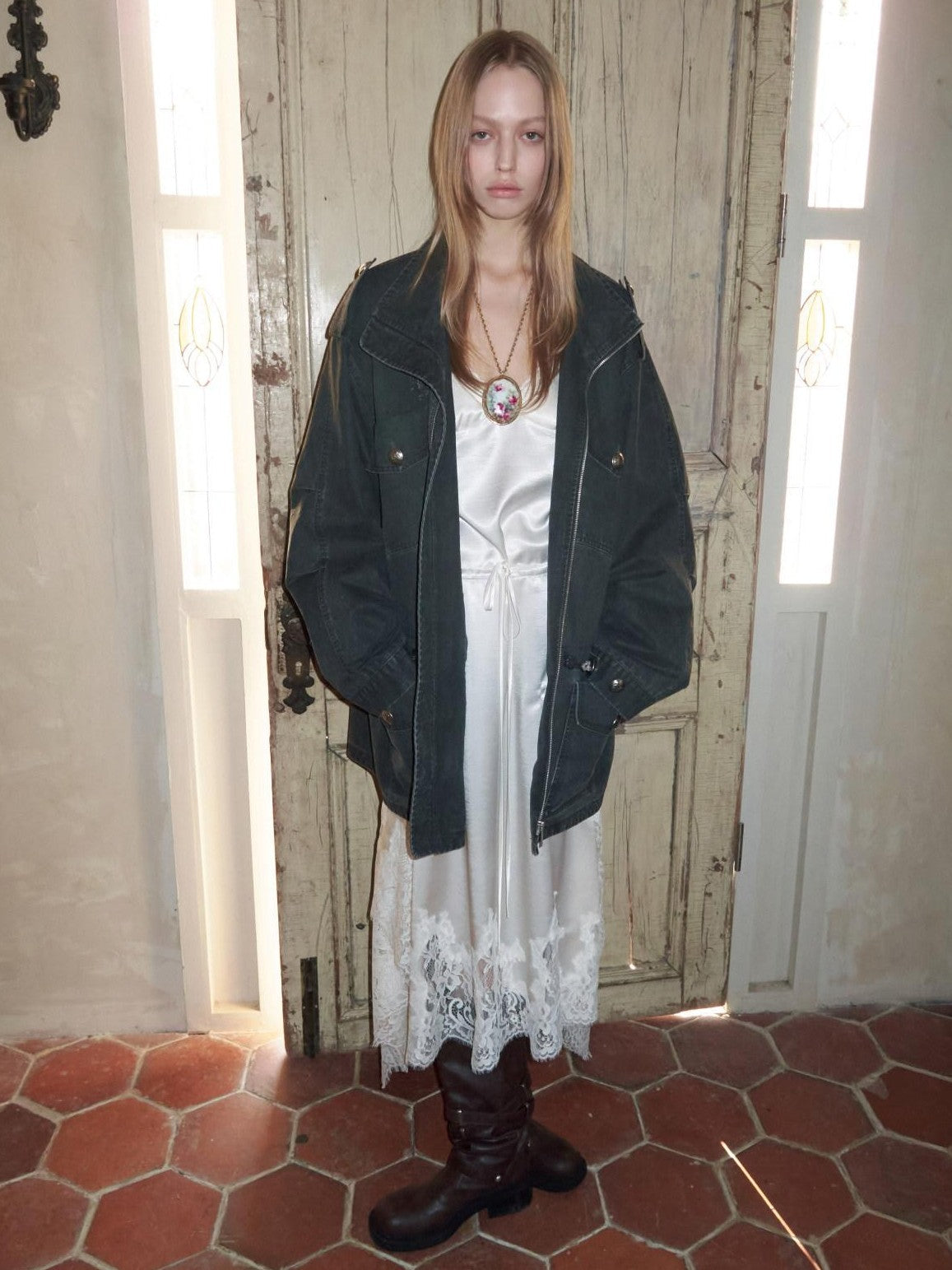 Vintage Washed Distressed Mid Drawstring Pockets Loose Women's Utility Jackets