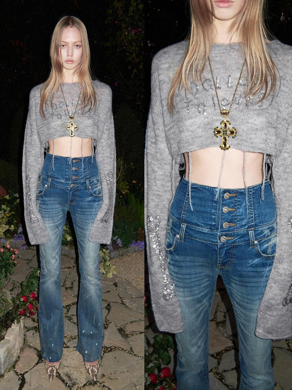 Vintage Washed High Waist Panel Asymmetrical Brushed Women's Denim Bootcut Jeans