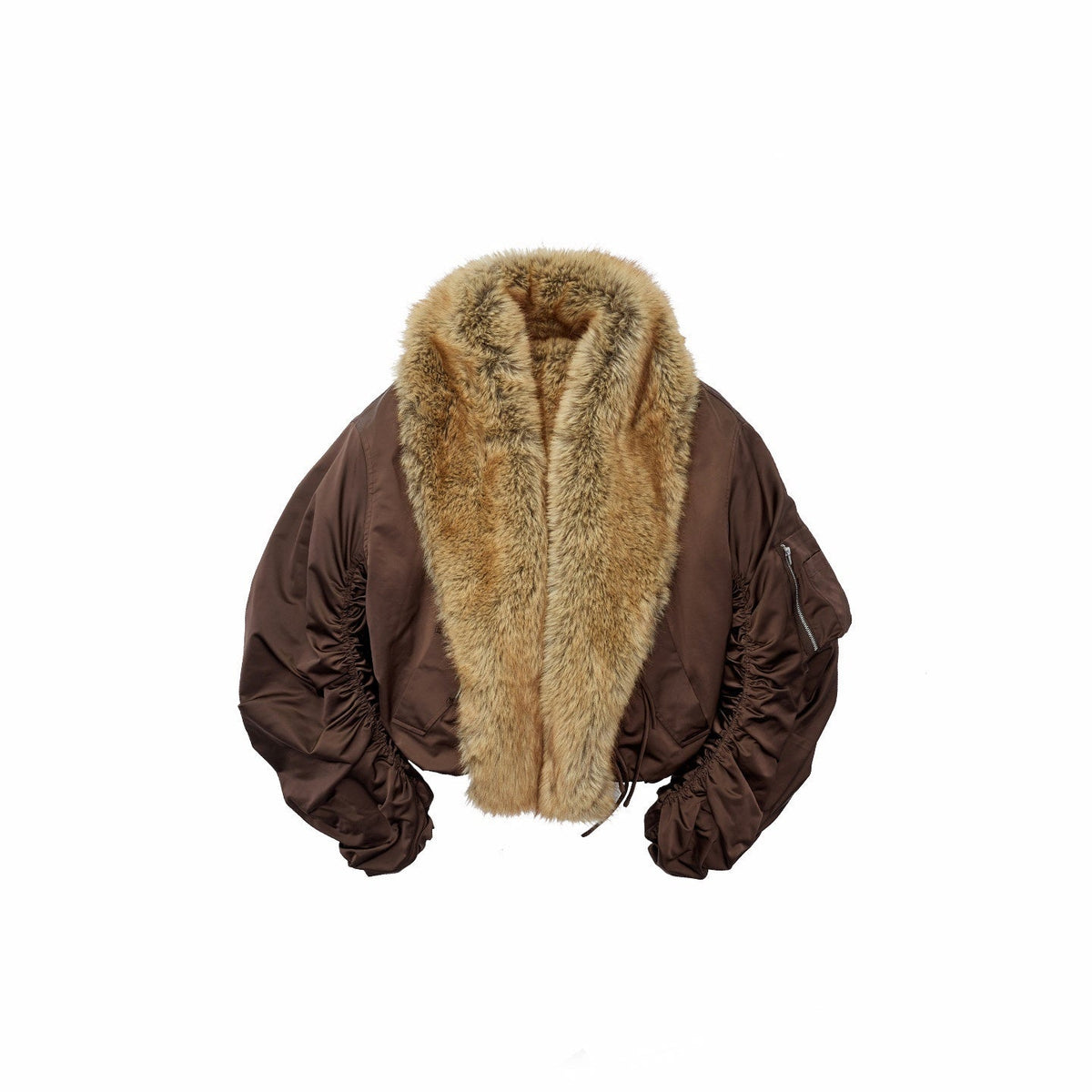 Vintage Workwear Pleated Sleeve Contrast Fur Collar Women's Bomber Jackets