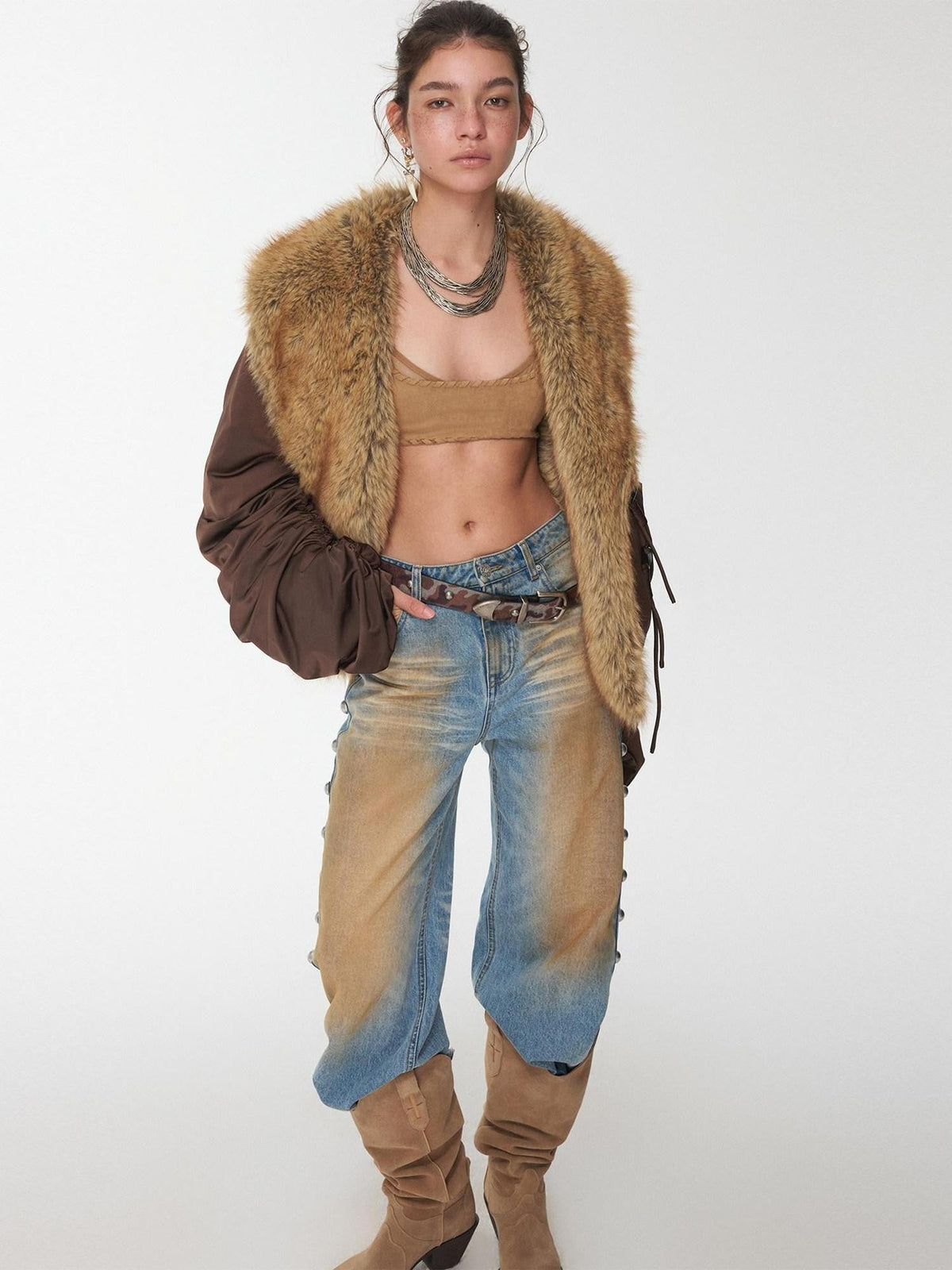 Vintage Workwear Pleated Sleeve Contrast Fur Collar Women's Bomber Jackets