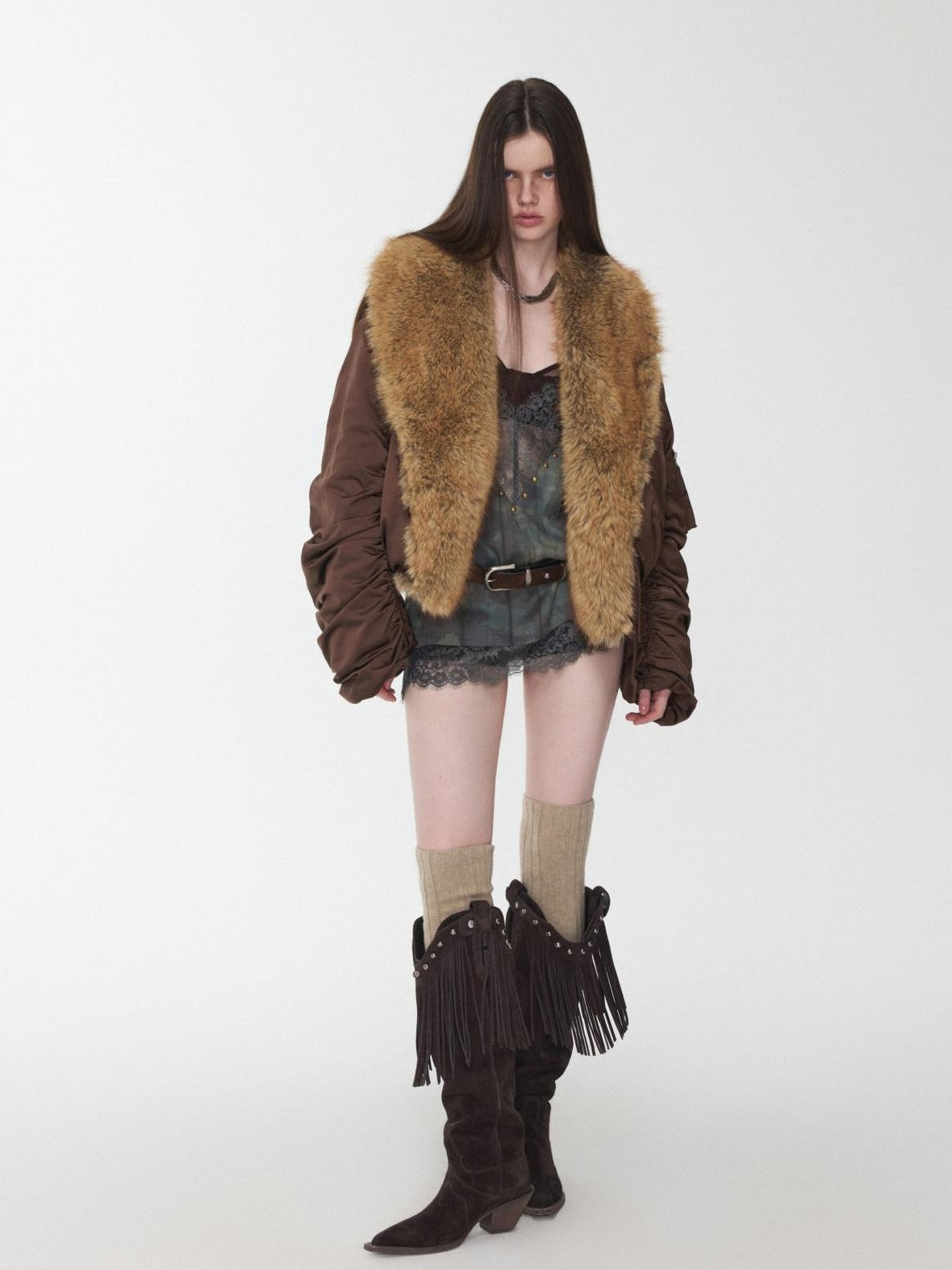 Vintage Workwear Pleated Sleeve Contrast Fur Collar Women's Bomber Jackets