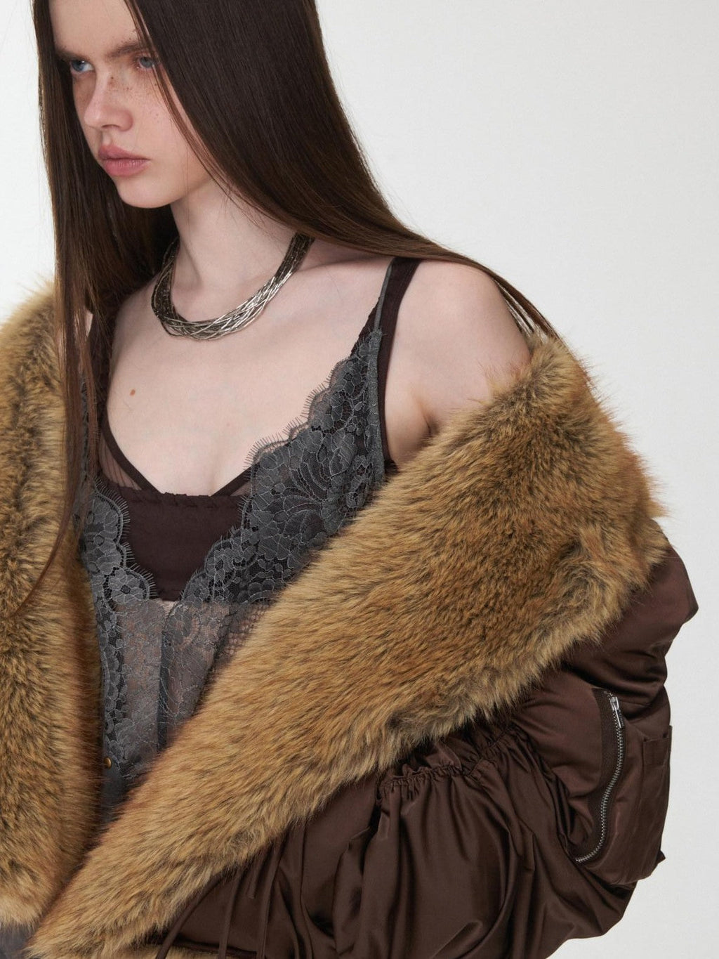 Vintage Workwear Pleated Sleeve Contrast Fur Collar Women's Bomber Jackets