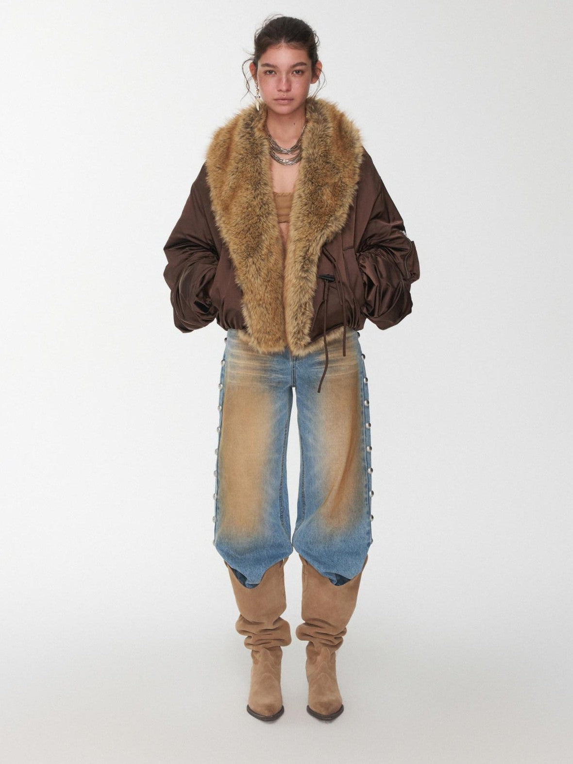 Vintage Workwear Pleated Sleeve Contrast Fur Collar Women's Bomber Jackets