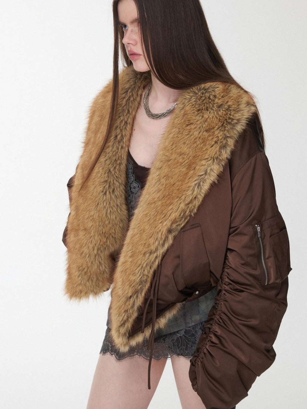Vintage Workwear Pleated Sleeve Contrast Fur Collar Women's Bomber Jackets