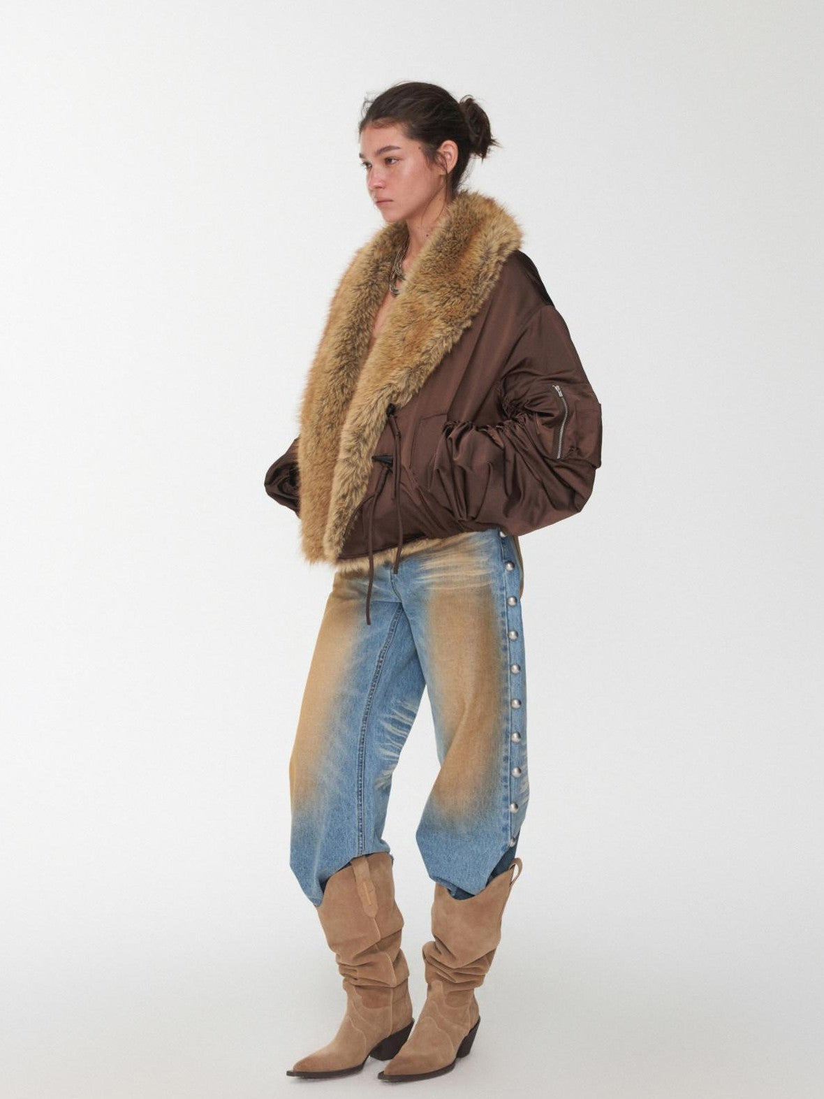 Vintage Workwear Pleated Sleeve Contrast Fur Collar Women's Bomber Jackets