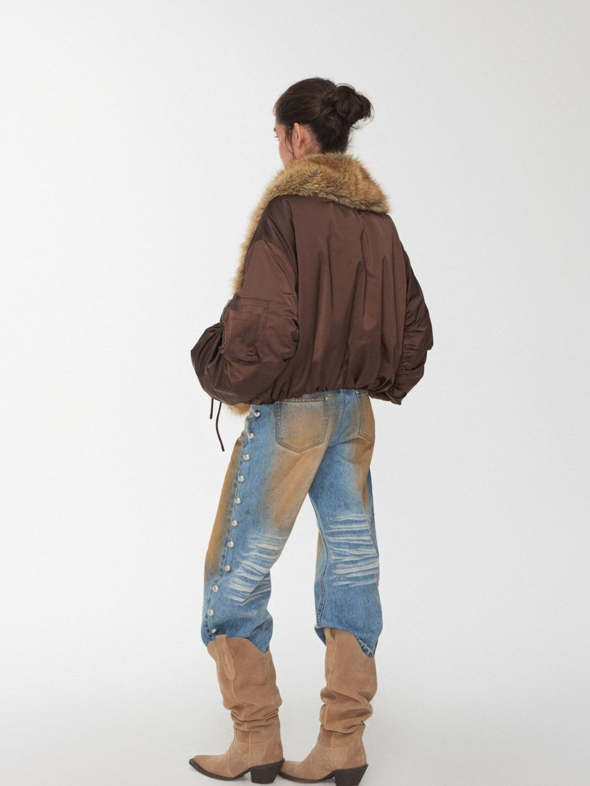 Vintage Workwear Pleated Sleeve Contrast Fur Collar Women's Bomber Jackets