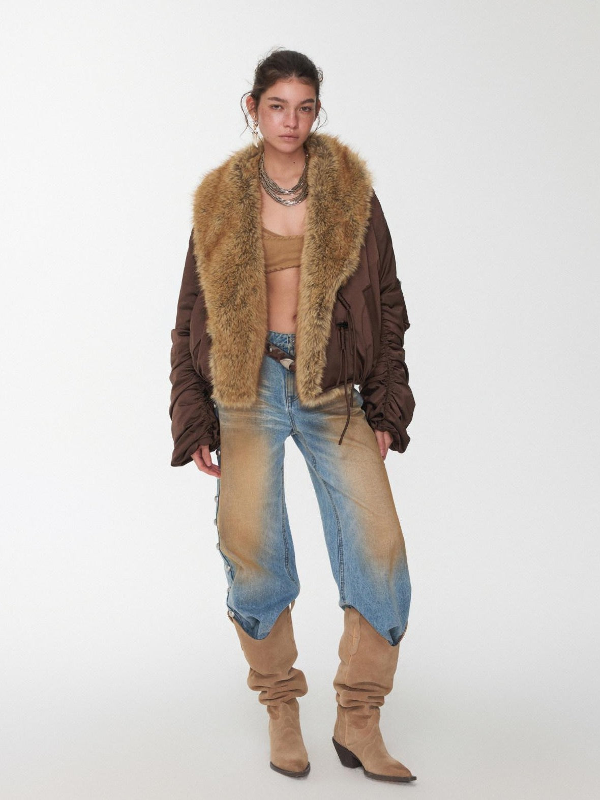 Vintage Workwear Pleated Sleeve Contrast Fur Collar Women's Bomber Jackets