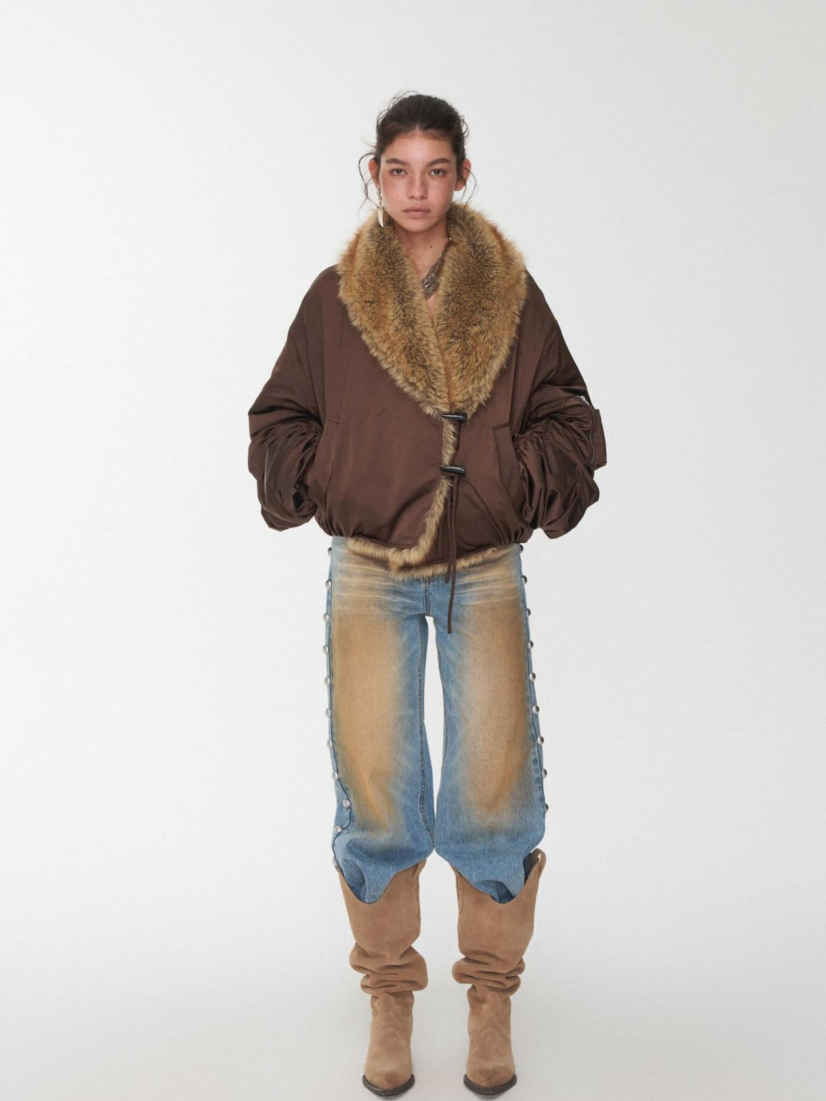 Vintage Workwear Pleated Sleeve Contrast Fur Collar Women's Bomber Jackets