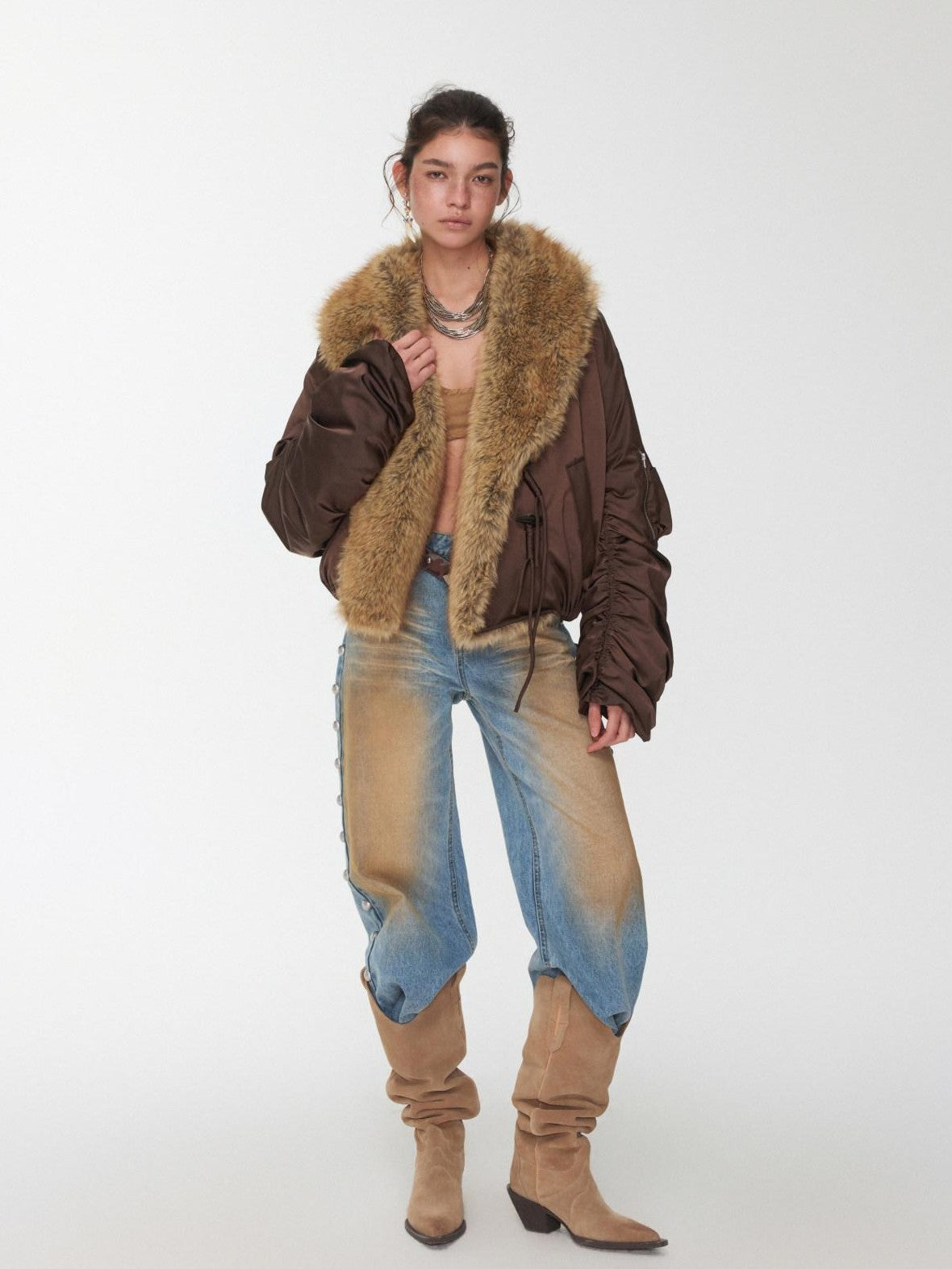 Vintage Workwear Pleated Sleeve Contrast Fur Collar Women's Bomber Jackets