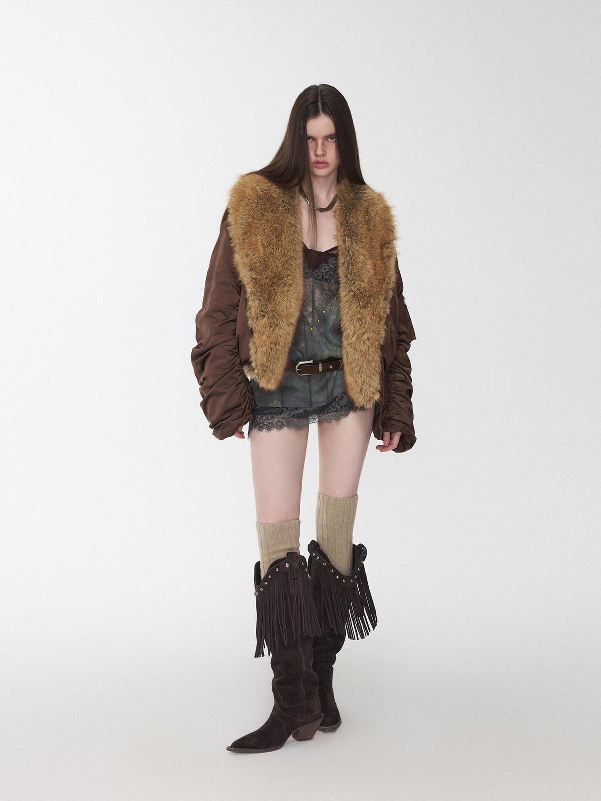 Vintage Workwear Pleated Sleeve Contrast Fur Collar Women's Bomber Jackets
