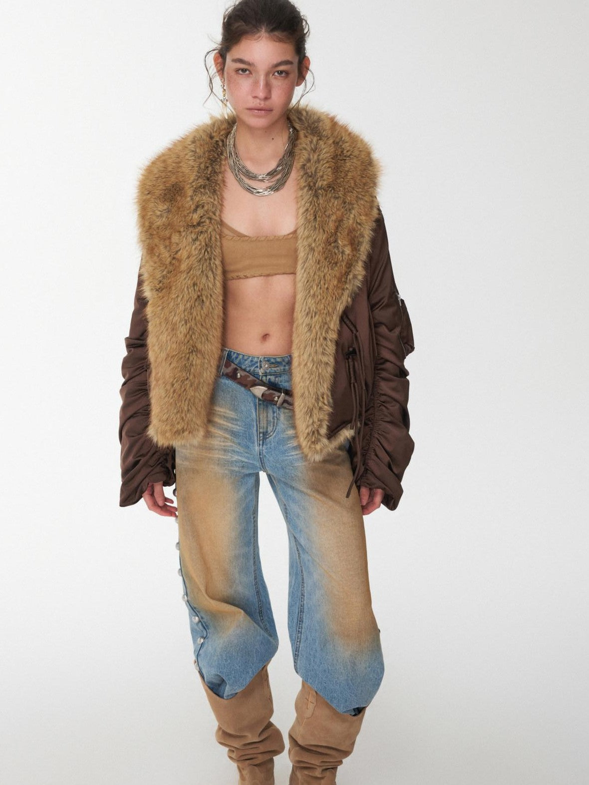 Vintage Workwear Pleated Sleeve Contrast Fur Collar Women's Bomber Jackets